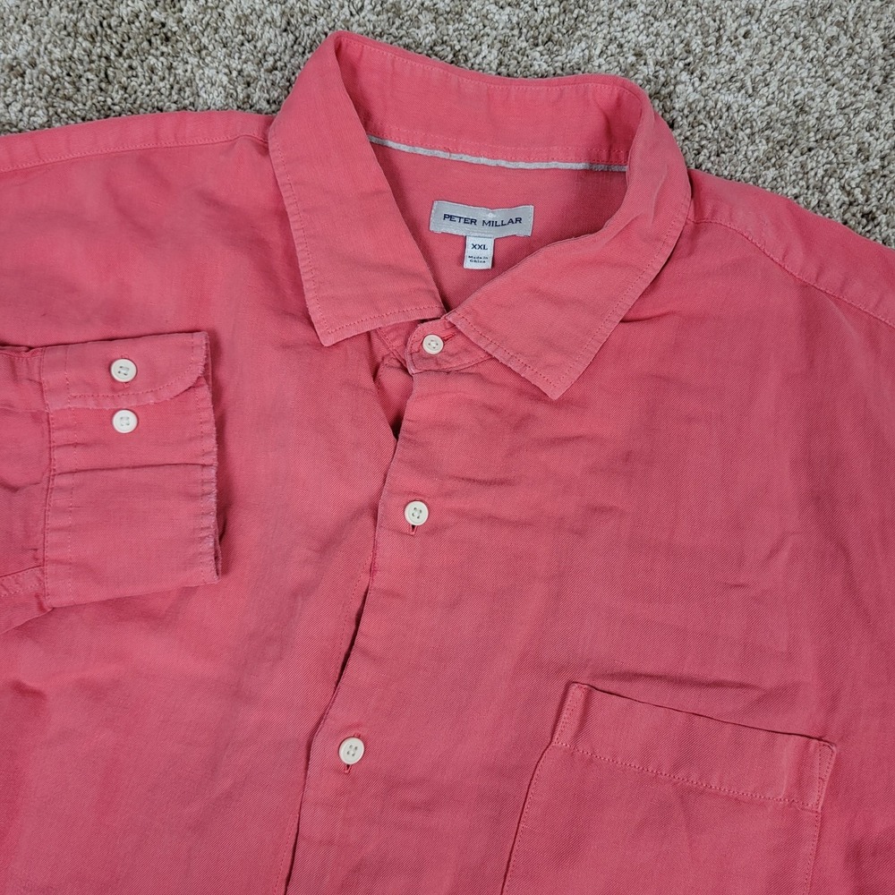 Peter Millar Mens 2XL Solid Salmon Button Up Long Sleeve Linen Blend